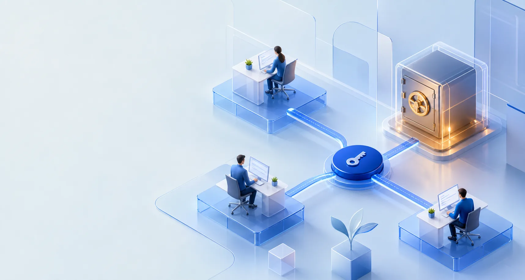 Abstract blue access key connecting individual team workstations to a vault