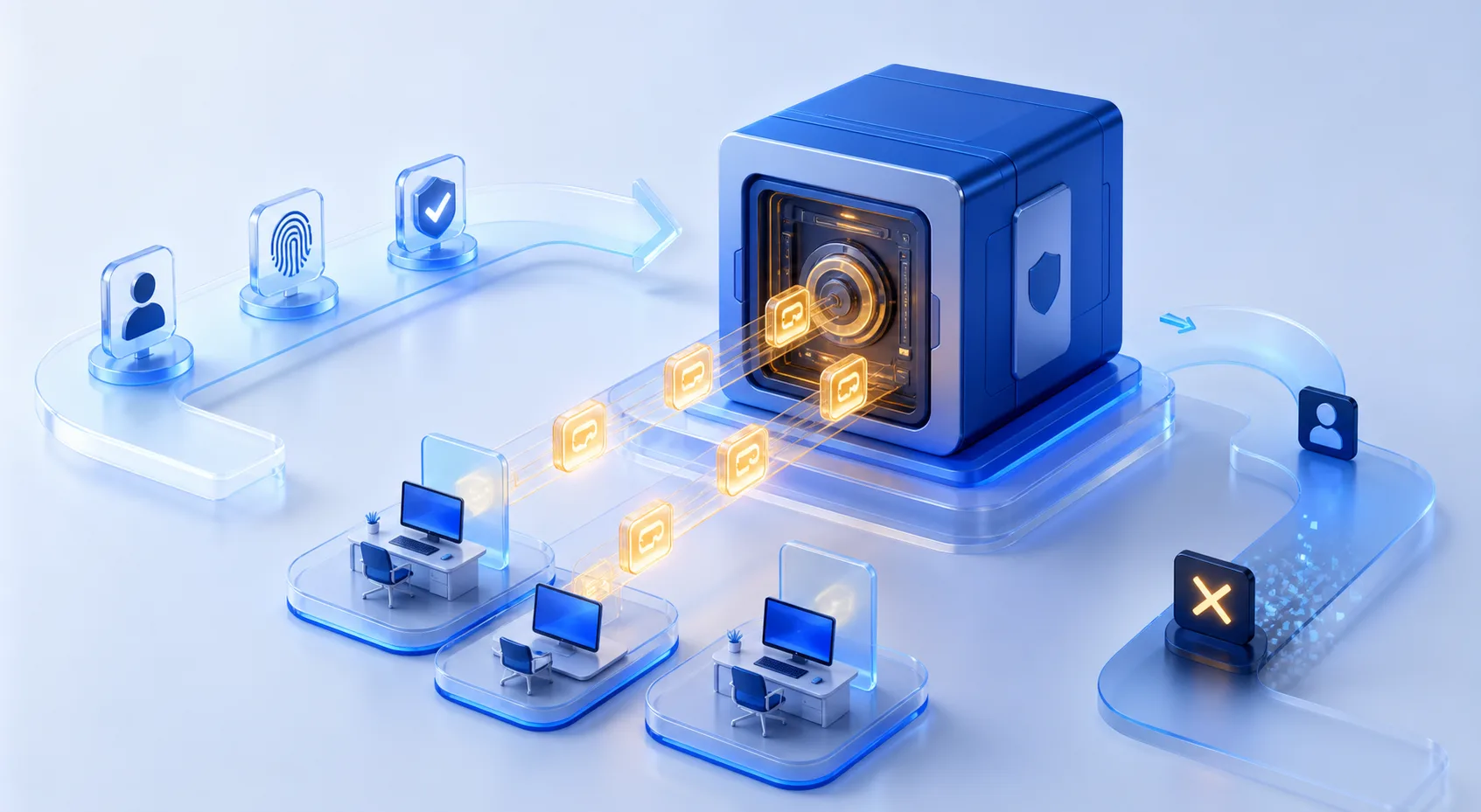Abstract blue vault receiving individual access tokens along an onboarding path