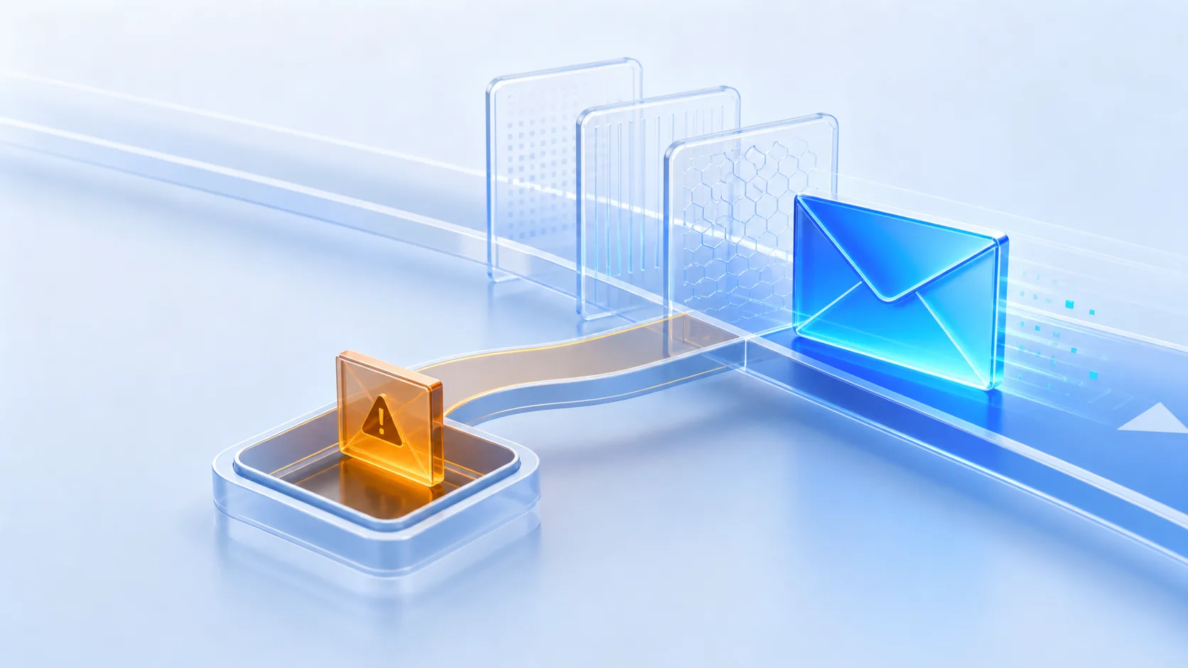 Abstract blue email moving through filters while an amber threat is diverted