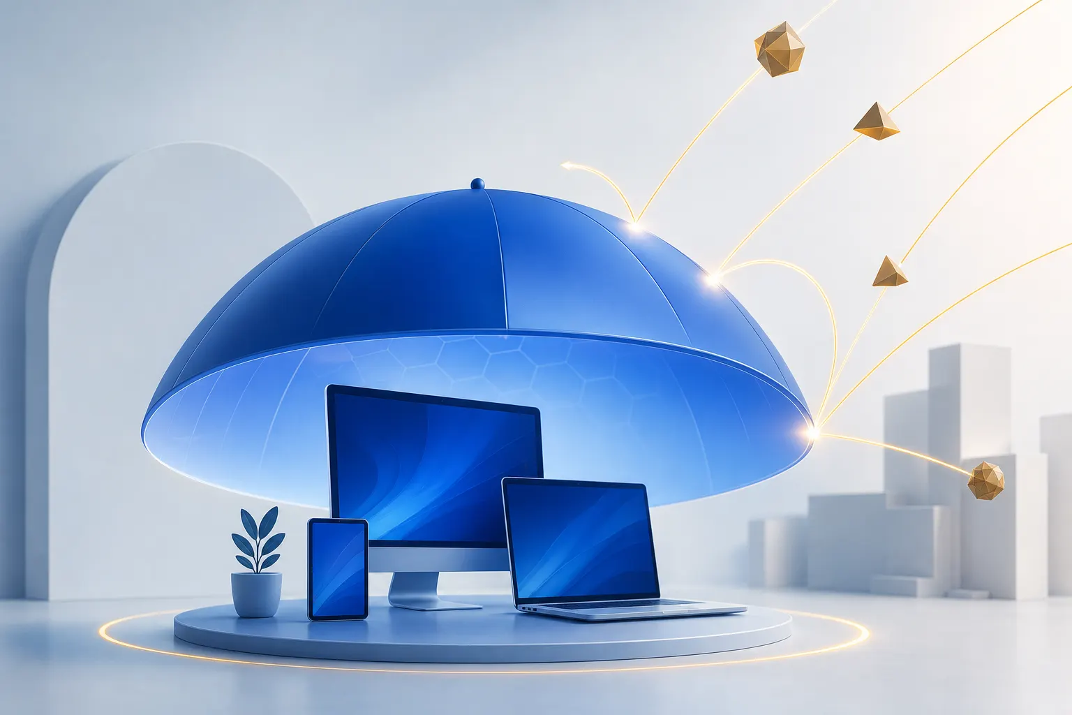 Abstract blue protective canopy over a small business device cluster