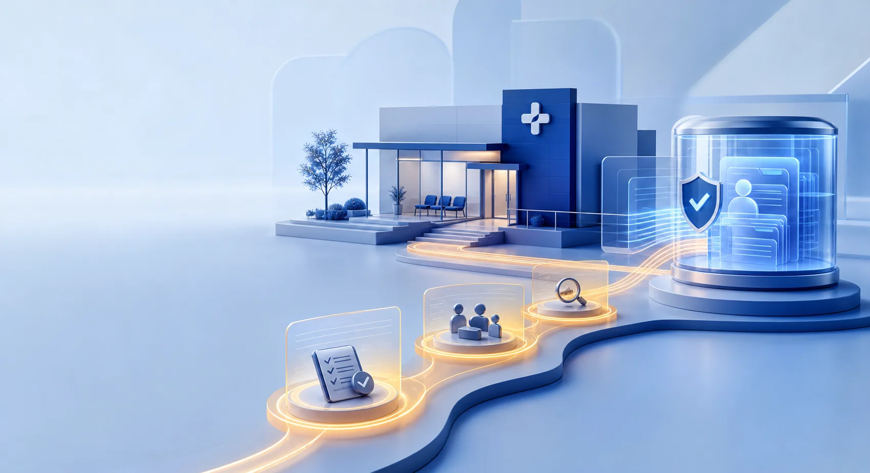 Abstract blue clinic connected to a protected patient-data vault