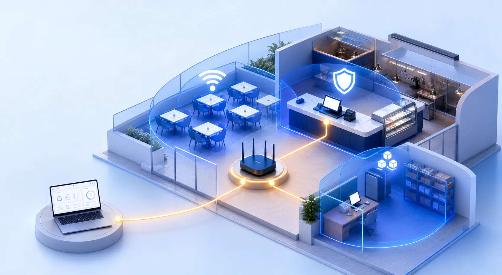 Abstract blue restaurant with separated guest Wi-Fi, POS, and inventory zones