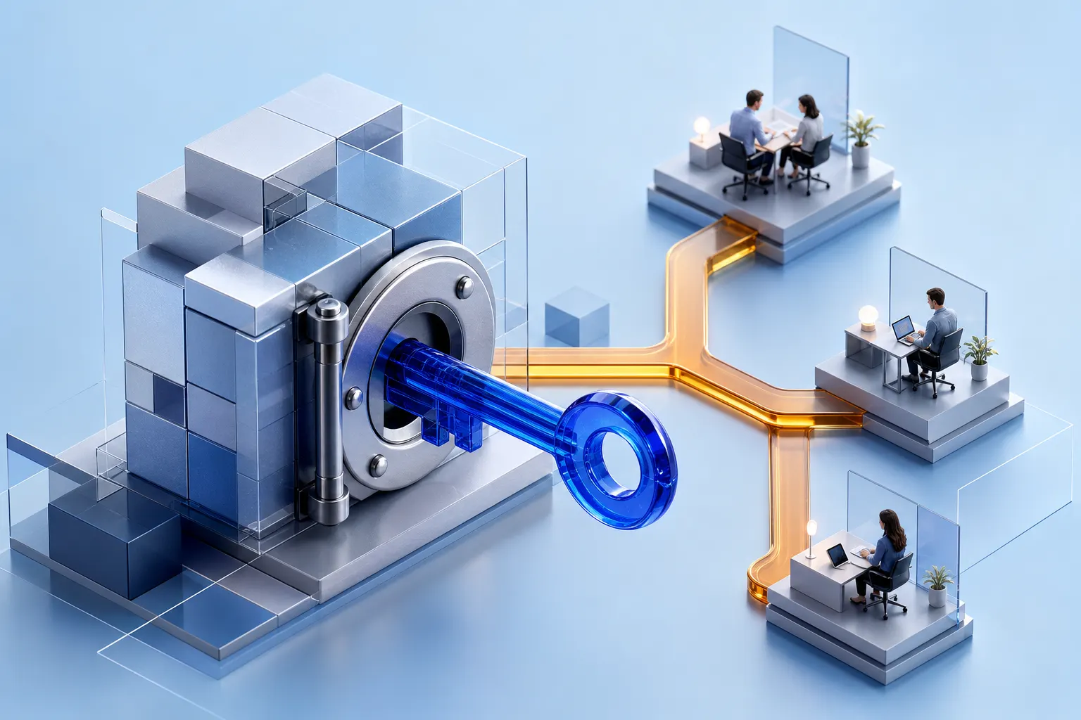 Abstract blue key and modular vault connecting a small team