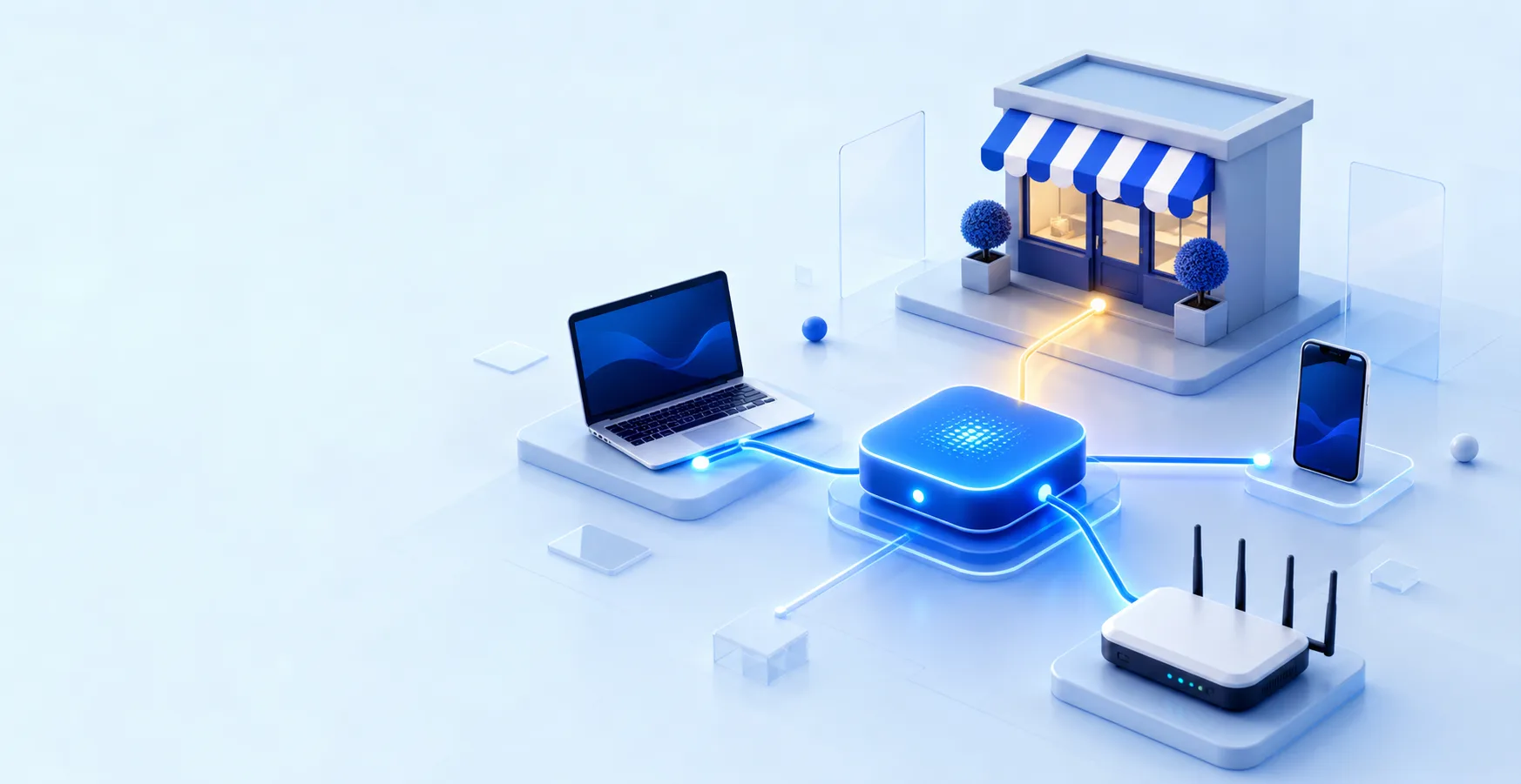 Abstract blue network hub connecting a small business storefront and devices