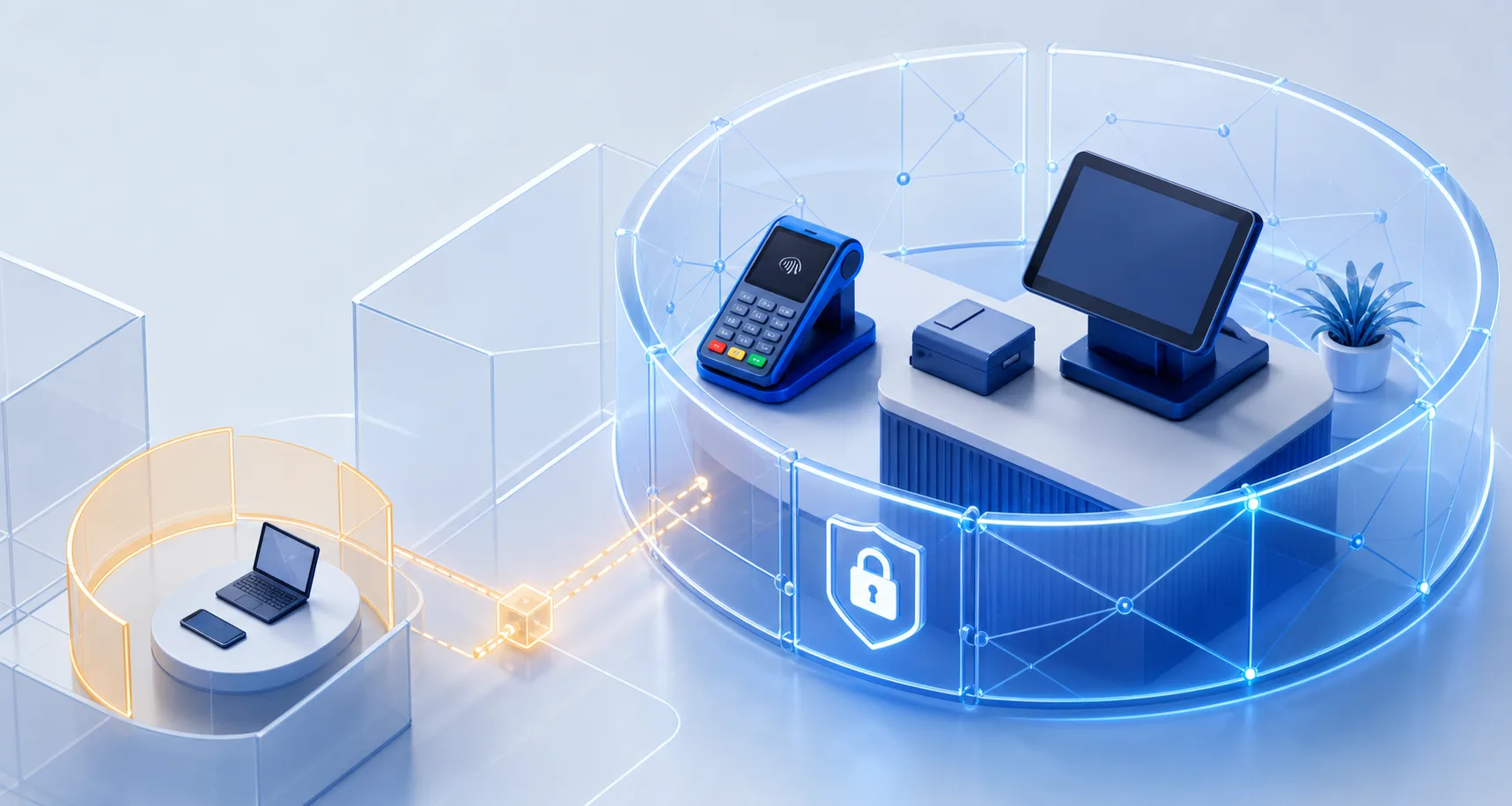 Abstract blue payment terminal inside a segmented protected network zone