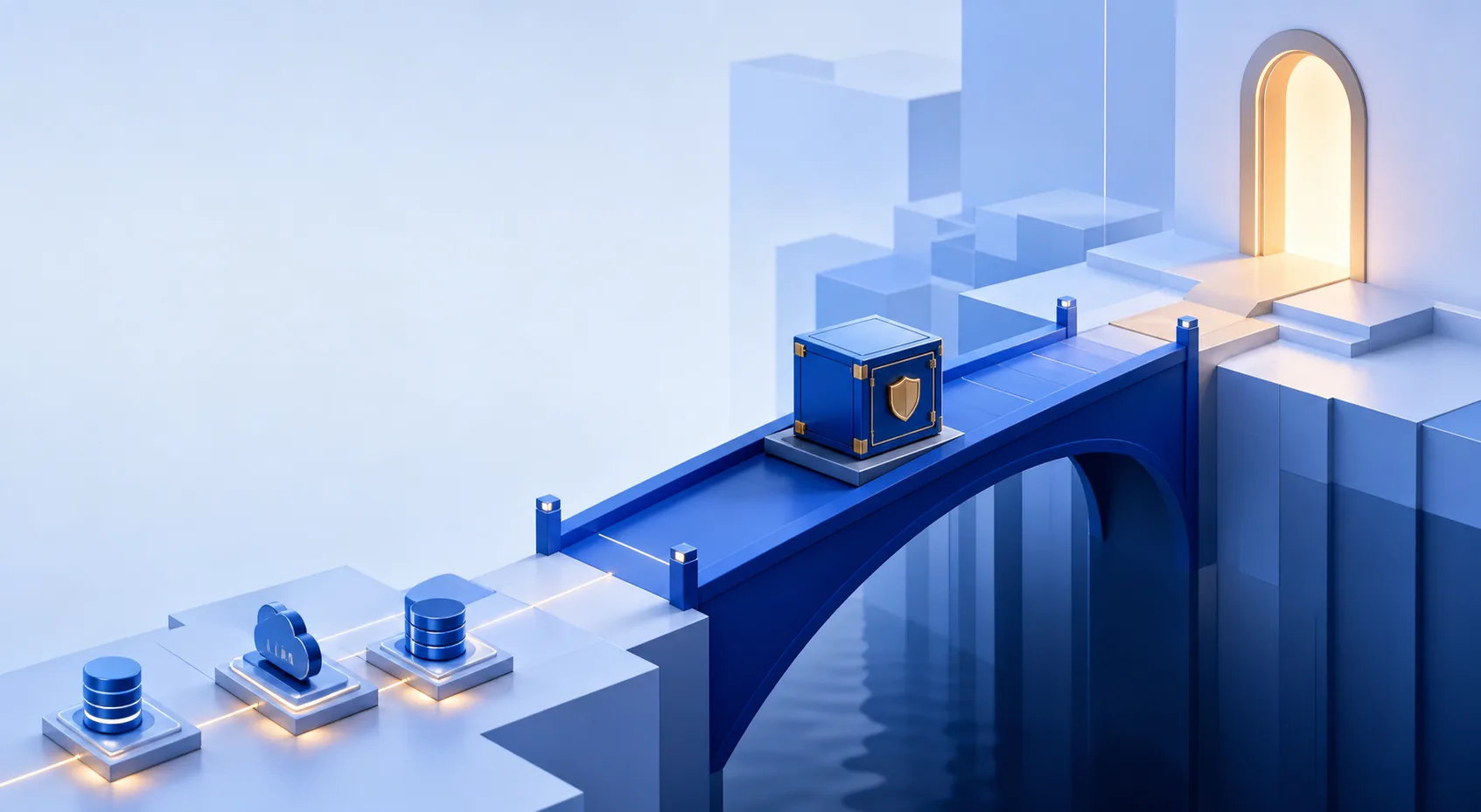 Abstract blue protected archive moving across a bridge toward a warm light
