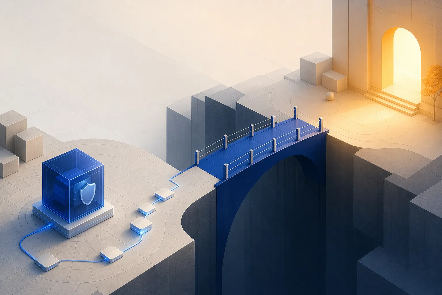 Abstract blue bridge carrying a protected archive toward a warm light