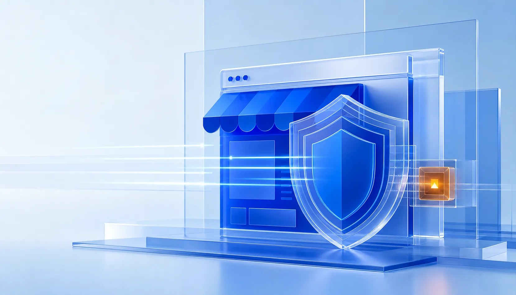 Abstract blue web storefront protected by a layered shield and scan paths